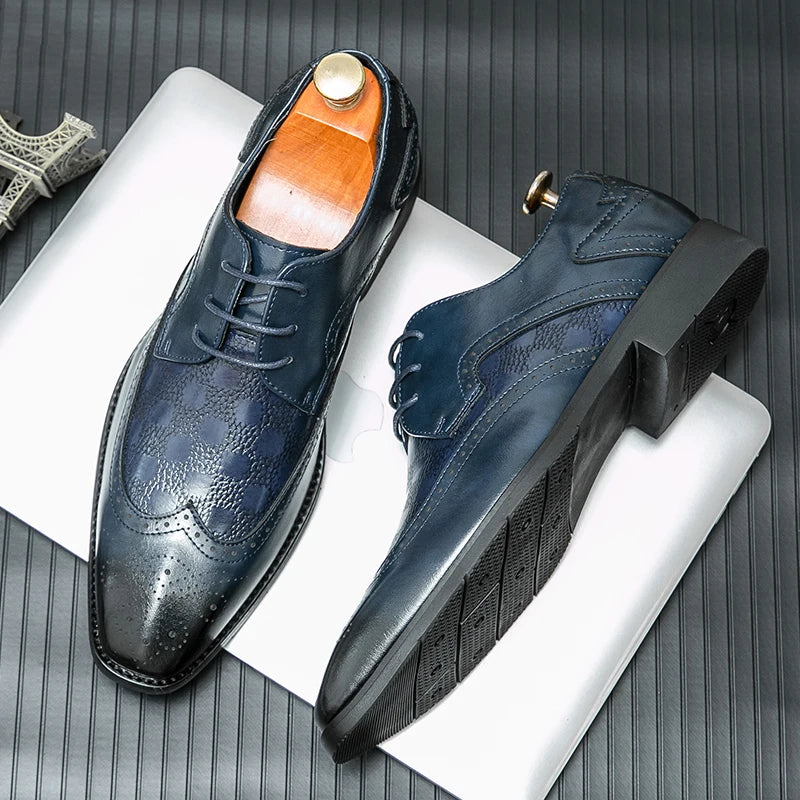 High End Brand Interview Office Business Shoes British Style Blue Brogue Shoes Massage Soles Men's Wedding Square Toe Shoes