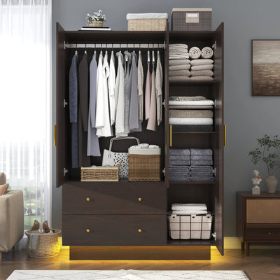 Modern Wooden Armoire Wardrobe Closet with Hanging Rod for Bedroom, 3 Door Wardrobe Closet with Mirror & LED Lights,White