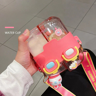 Drinking Bottle Large-Capacity Double-Bin Plastic Straw Cup Children Portable Carrying Water Bottle with High Beauty Cartoon Out