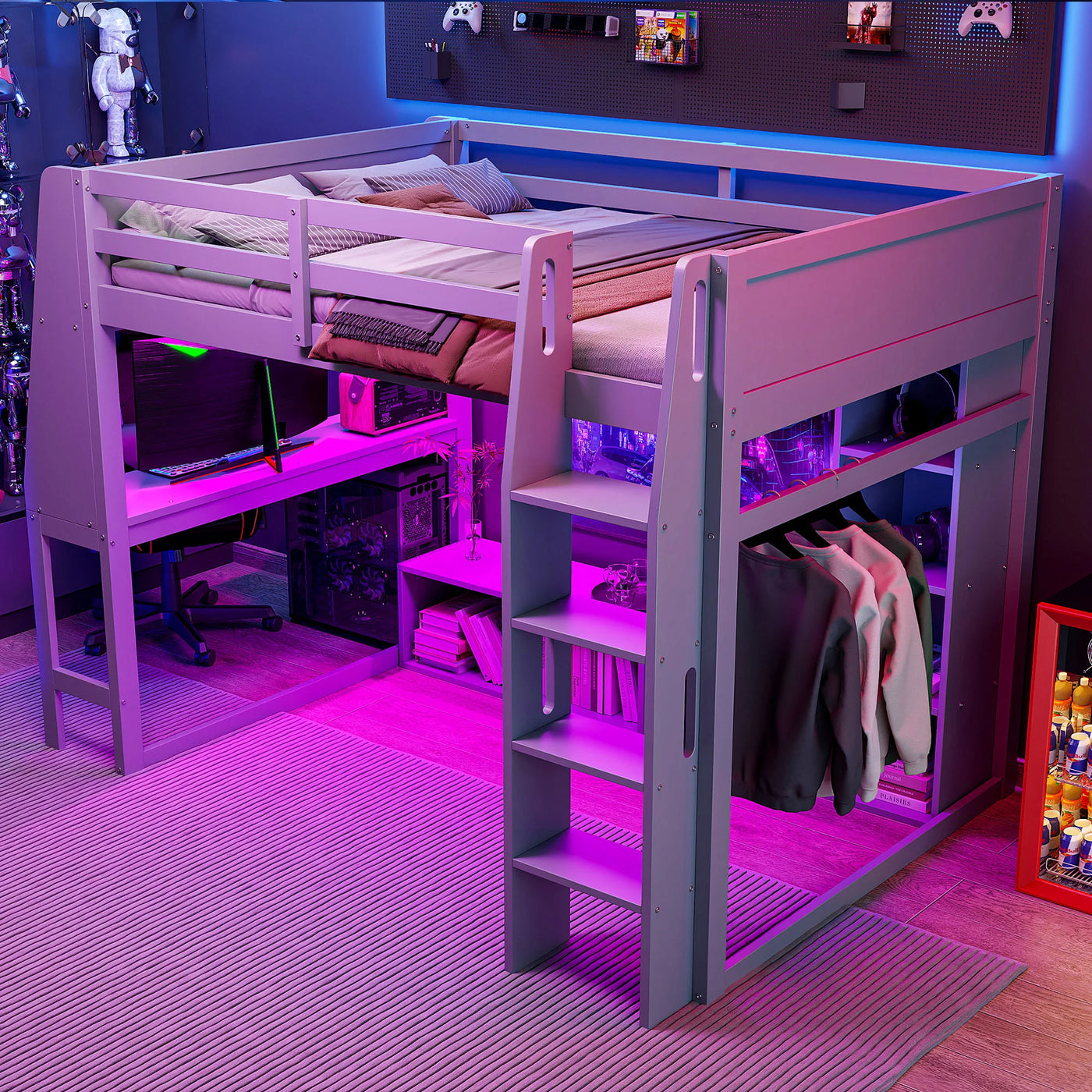 Full size bed frame Gaming Loft Bed with Desk, Multi-storage Shelves, LED and a Hanging Clothes Rack, Gray
