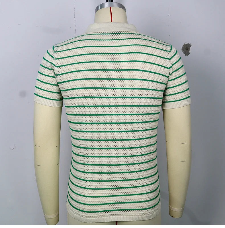 Men's Sexy See-through Knit Shirt Breathable Hollow Striped Shirt Summer New Men's Thin Coat Men's Clothing Hawaiian Shirt Tops