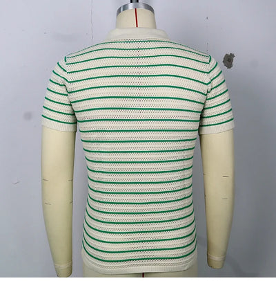 Men's Sexy See-through Knit Shirt Breathable Hollow Striped Shirt Summer New Men's Thin Coat Men's Clothing Hawaiian Shirt Tops