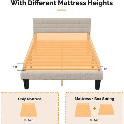 Twin Bed Frame for Kids,Boucle Upholstered Platform Bed with Adjustable Headboard,Sturdy Wood Slats Support,Cloud Single