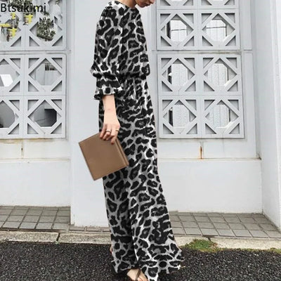 2025 Fashion Leopard Printing Maxi Dress Women's Spring Sundress Elegant Casual Long Sleeve Vintage Long Dresses Vestidos Female