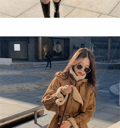 2024 Autumn Winter New Medium Long Double-breasted Lambswool Suede Woolen Coat Women Add Velvet Padded Warm Fur One Woolen Coats