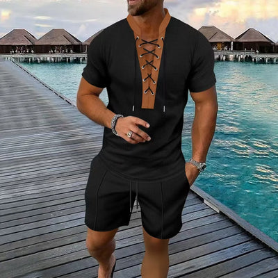 The 2025 men's new waffle checkered round-neck fashionable top, a two-piece casual suit with a rope short sleeve and shorts