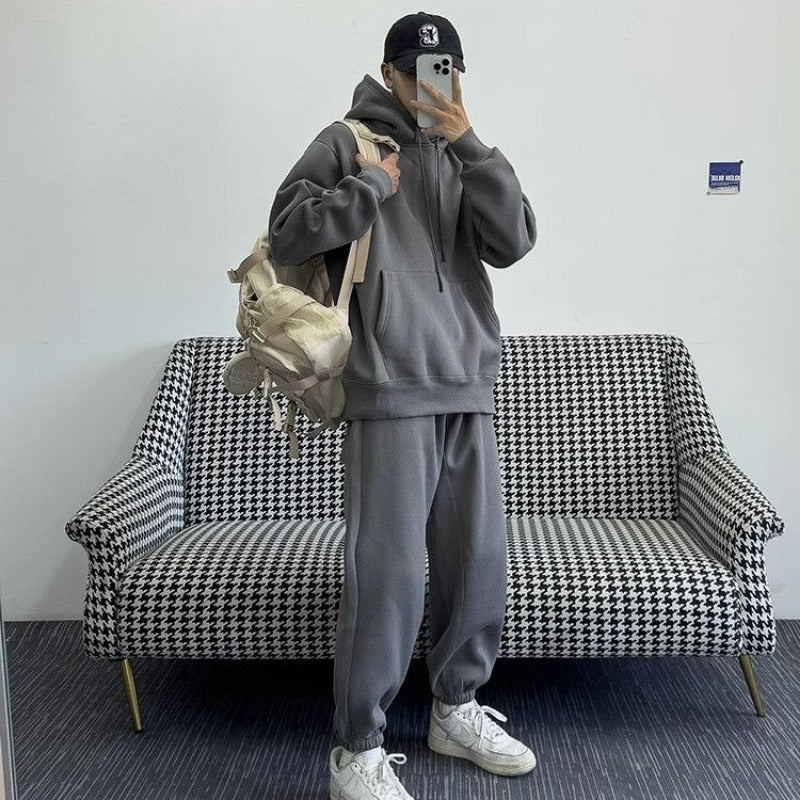 Hooded Sweatshirt Men's Autumn Winter Velvet Two-piece Set American Oversize Loose Casual Sweatpants Suit Aesthetic Streetwear