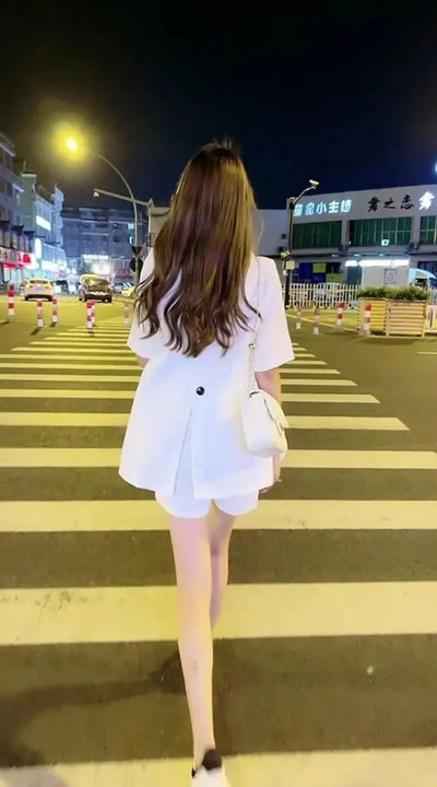 Women's 2025 New Summer High-end Fashion Outfits And Suit Collar Short Sleeve Solid Coat Pop Shorts Two Piece Set Women Clothing