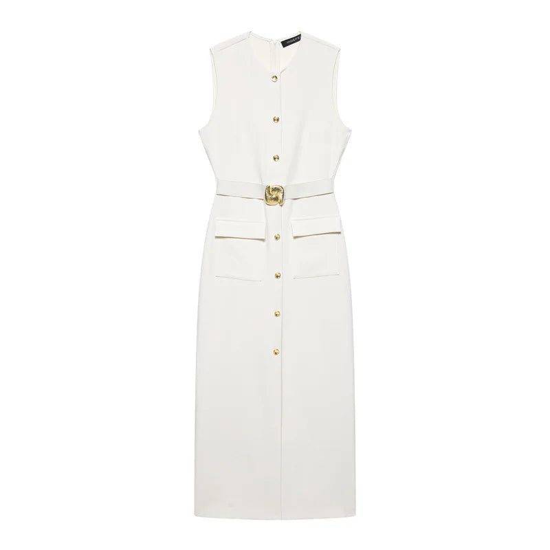 Women Long Dress Solid Color Summer Casual Slim Lady O-Neck Sleeveless Dresses Elegant Streetwear Female Button Up Belt Vestidos