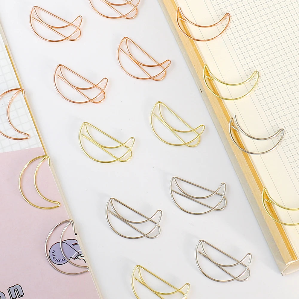 20pcs Moon Paper Clip rose gold Paper Clips Golden Plating Paperclip Cute Office Stationery Pin Silver Moon
