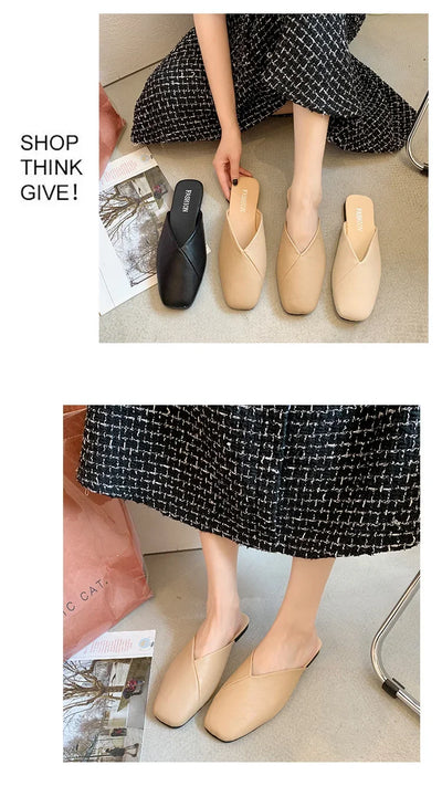 Women Mules 2024 Summer Elegant Square Closed Toe Flat Slippers Female Shoes Casual Leather Black White Slides Plus Size 35-43