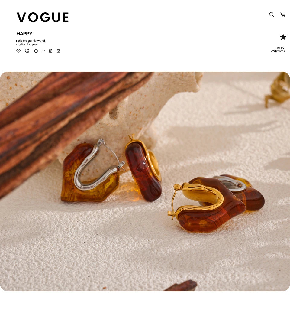 Yhpup Fashion Amber Resin Geometry Hoop Earrings Trendy Stainless Steel 18K PVD Plated Jewelry Accessories Gift