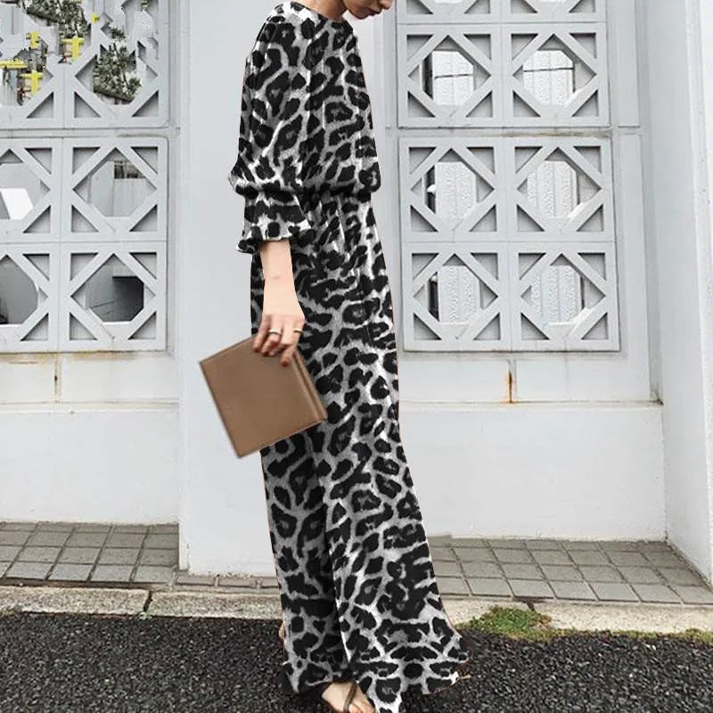2025 Fashion Leopard Printing Maxi Dress Women's Spring Sundress Elegant Casual Long Sleeve Vintage Long Dresses Vestidos Female