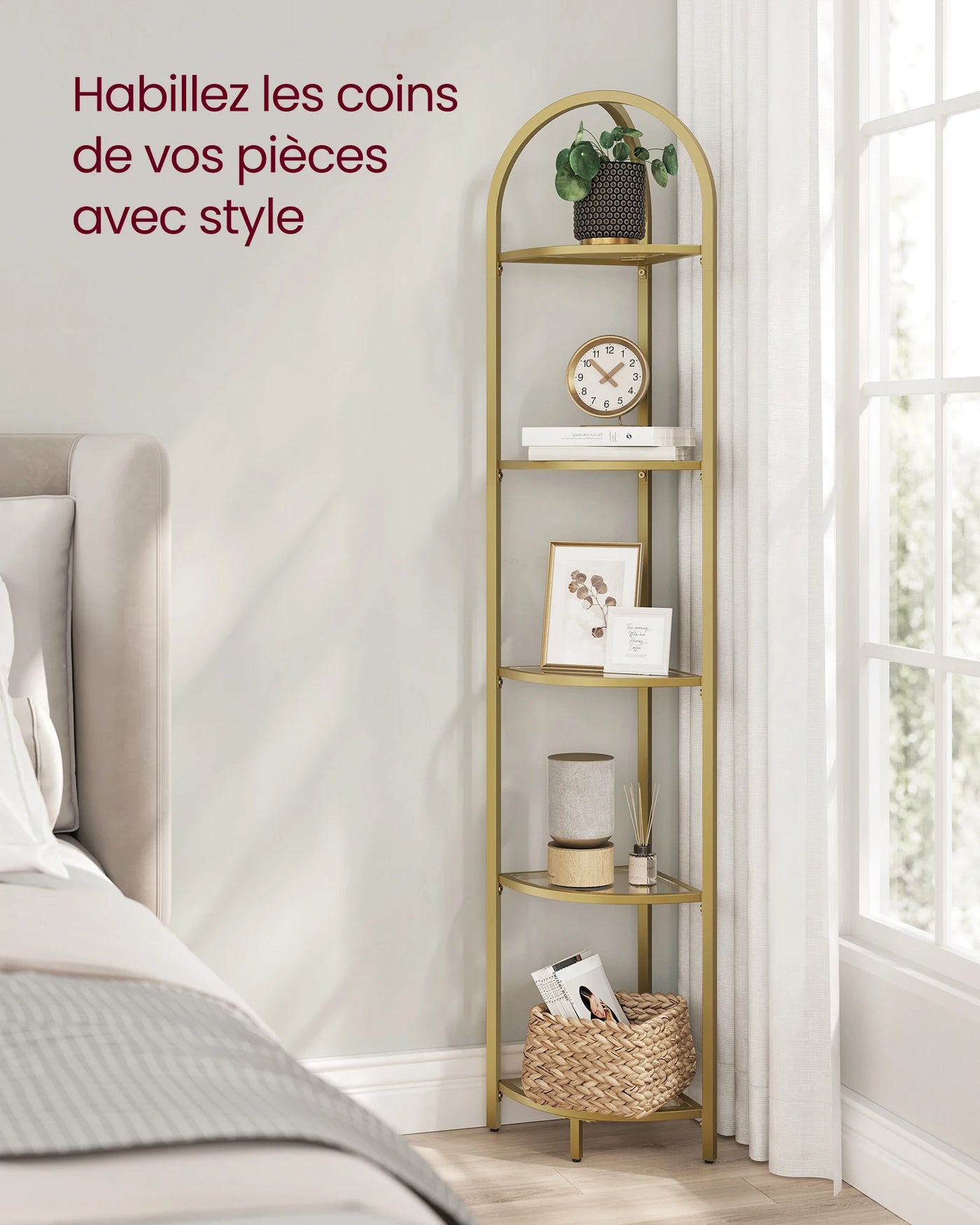 VASAGLE Corner Shelf, 5-Tier Plant Stand, Freestanding Glass Shelf Tower, High Storage Shelves for Living Room, Bathroom