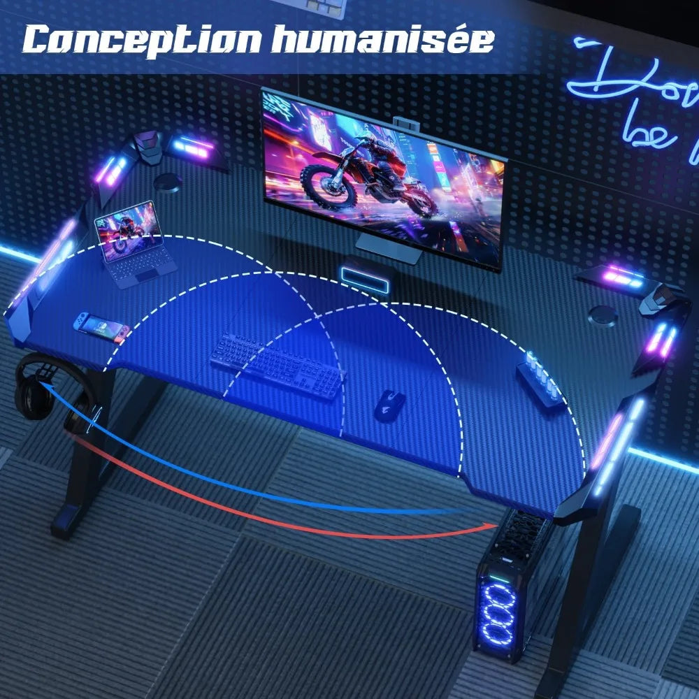LED Gaming Desk 120 x 60 cm, Gaming Desk with RGB Light, Cup Holder and Hook for Headphones, Ergonomic Computer Table