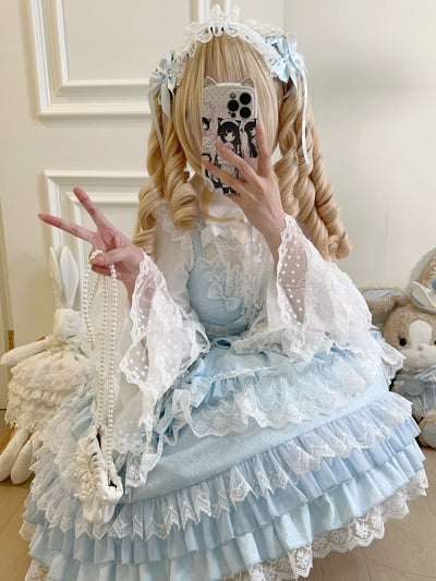 Original Lolita Dress Set Doll Feeling Girl Women's Sweet Jsk Suspender Dress Princess Fairy Lace Bow Sling Cake Dresses