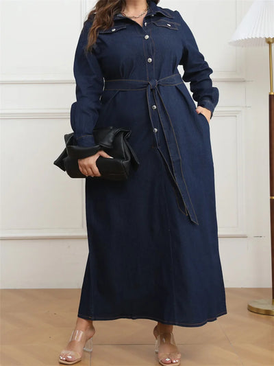 Wmstar Plus Size Denim Dresses for Women Button Solid Long Fashion Elegant Maxi Dress Fall Winter Clothes Wholesale Dropshipping