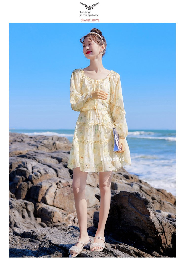 2025 Spring New Arrival Women's Spring Floral Dress Silm Fashion Waist-Controlled Long Sleeves Seaside Vacation Chiffon Skirt