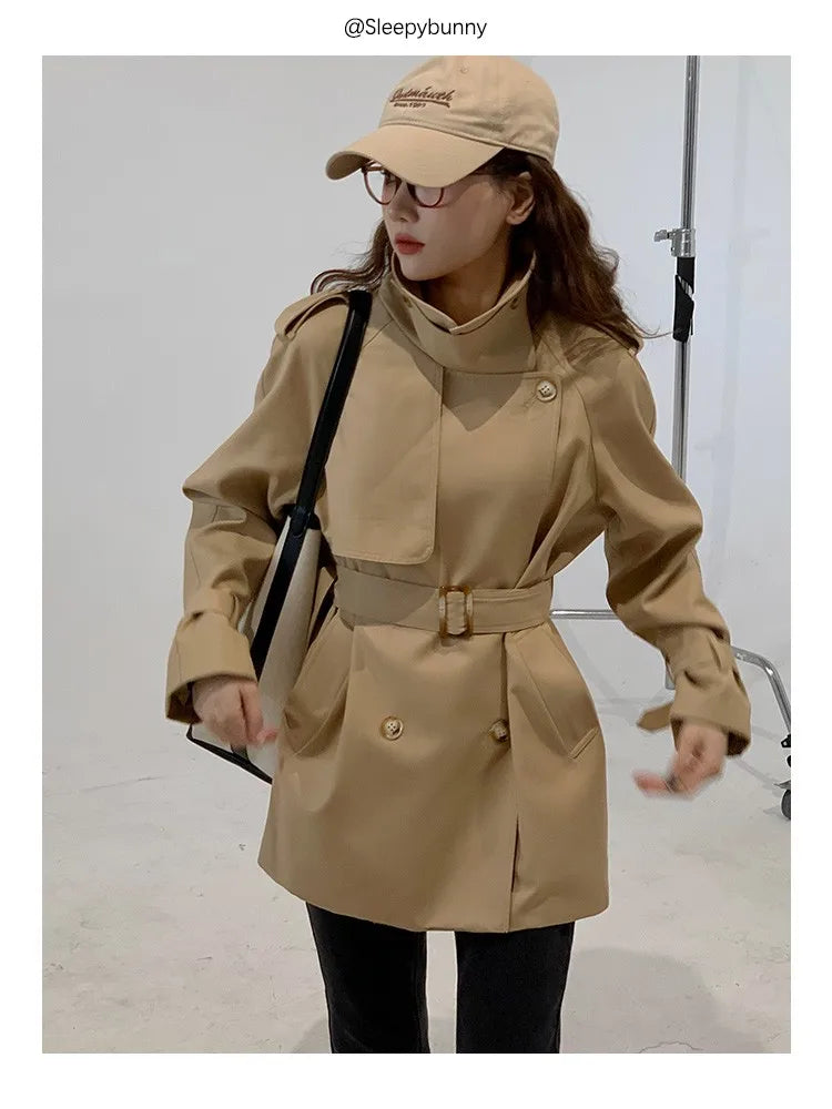 Women Spring Fall Short Trench Coat Korean Style Loose Fit Casual Khaki Jacket Petite-Friendly Versatile and Stylish Outerwear