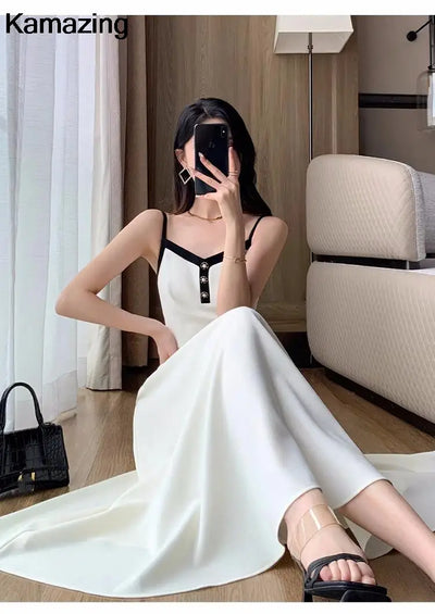 Elegant Solid Midi Dress 2 Piece Set Office Lady Chic Suit Spring Short Jacket Sleveless A-line Dresses Outfits Korean Clothes