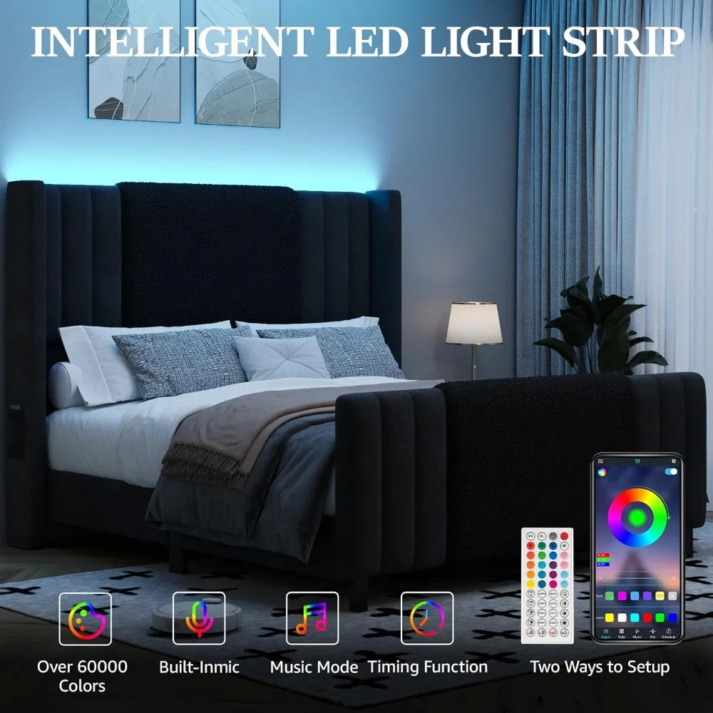 Queen Size Bed Frame with Tall Headboard and Footboard, Boucle and Velvet Upholstered Bed Frame Queen with LED Lights