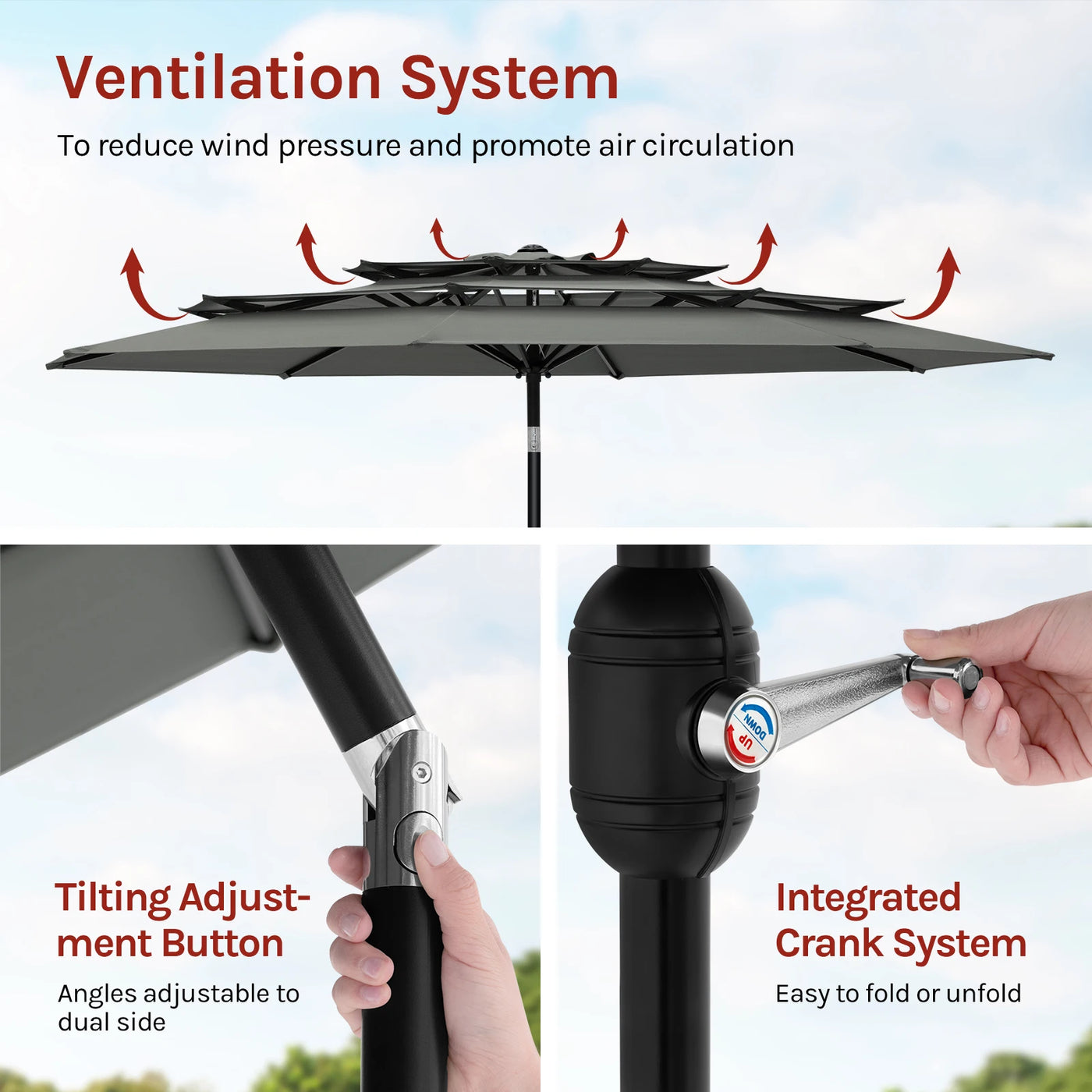 Round Large Garden Parasol 292cm Tilt Adjustable Beach Parasol UV Protection with 3 Ventilation Parasol for Balcony Garden