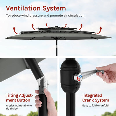 Round Large Garden Parasol 292cm Tilt Adjustable Beach Parasol UV Protection with 3 Ventilation Parasol for Balcony Garden