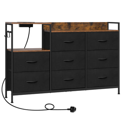 Chest of Drawers with 8 Fabric Drawer Sideboard Storage Cabinet for Kitchen Office with Charging Sockets Steel Frame 132x88x30cm