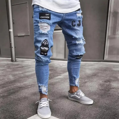 Punk Denim Pants Men Jeans Skinny Ripped Hole Patchwork Slim Pencil Denim Hip Pop Trousers Autumn Plus Size Streetwear Men's
