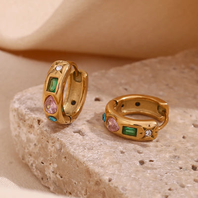E.B.belle Colorful Zircon Hoop Earrings Tarnish Free 18K Gold Plated Earrings for Women 316L Stainless Steel Jewelry