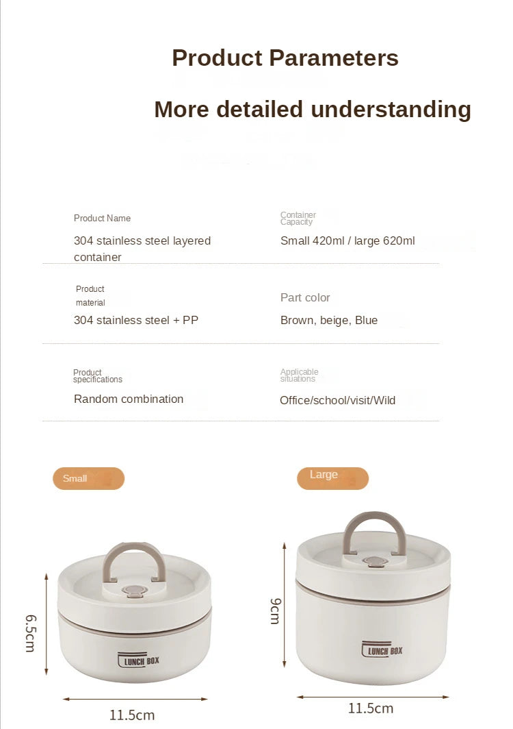 Portable Thermos 304 stainless steel insulated lunch box leakproof sealed bucket student lunch box multi-layer Round bento box