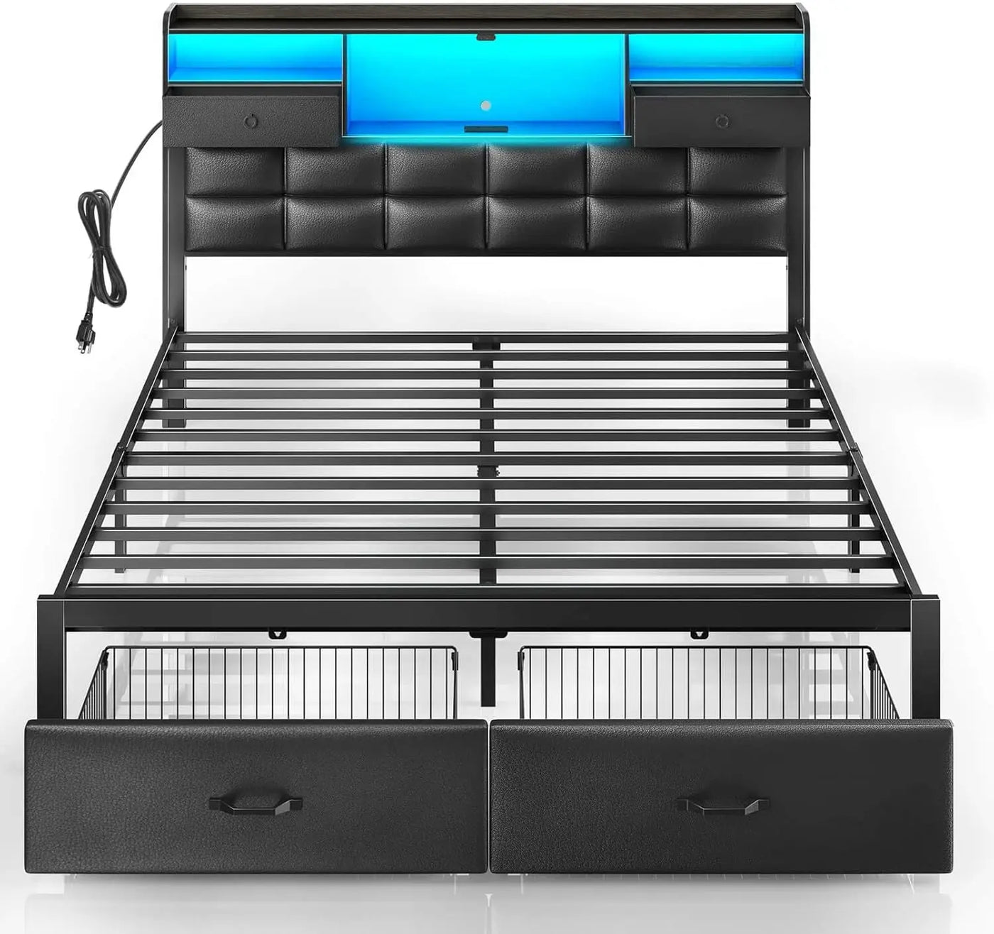 Bed Frame Queen Size with Drawers and Charging Station,Metal Frame,Upholstered Platform Bed with Storage Headboard and LED Light