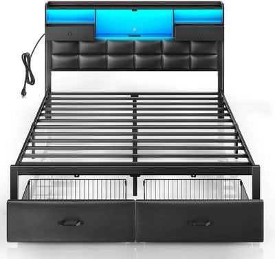Bed Frame Queen Size with Drawers and Charging Station,Metal Frame,Upholstered Platform Bed with Storage Headboard and LED Light