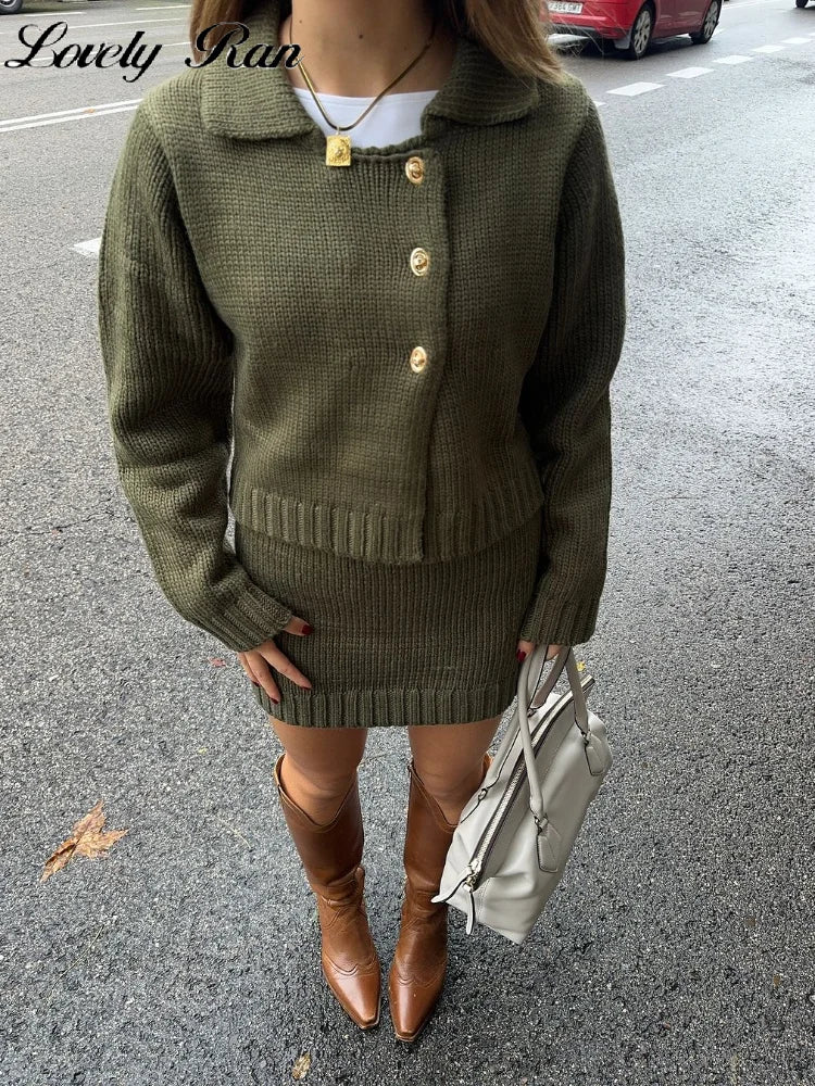 Fashion Knitted Cardigan Mini Skirt Sets Women Greenl Long Sleeve Single-breasted Sweater 2 Piece Set Lady All-matching Outfit