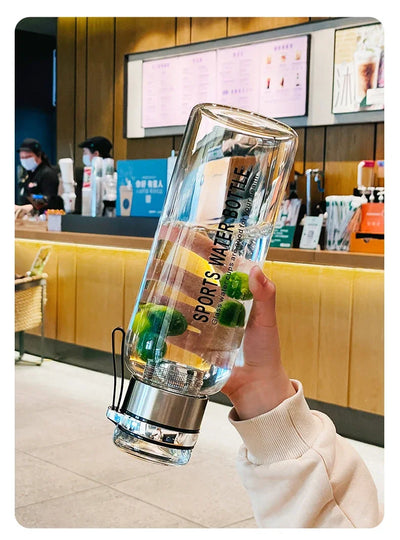 Sports Glass Water Bottle 2L Capacity Free Cup Cover (with Shoulder Strap)  Portable Leak-proof Drinking Stainless Steel Lid