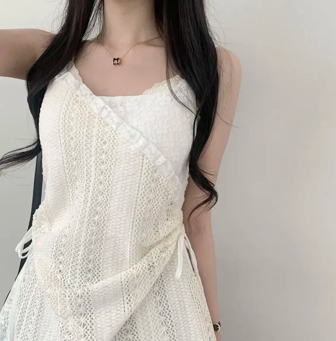 Hot Girl Korean Style Drawstring Lace-up Waist Lace Short Suspender Dresses + White Inner Wear Bottoming Sling Top Two-piece Set