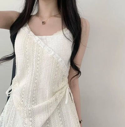 Hot Girl Korean Style Drawstring Lace-up Waist Lace Short Suspender Dresses + White Inner Wear Bottoming Sling Top Two-piece Set