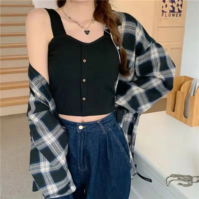 Women's Ribbed Tank Tops Y2K Cropped Tops with Bra Pads Knitted Button Down Suspenders Vest Sexy Camisole Female Short Tops