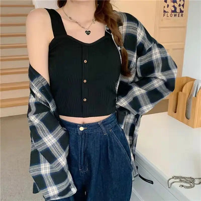 Women's Ribbed Tank Tops Y2K Cropped Tops with Bra Pads Knitted Button Down Suspenders Vest Sexy Camisole Female Short Tops