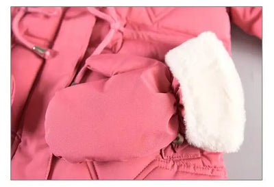 2-8 Years Warm Winter Girls Jacket Fur Collar Removable Hat Plush Lining Heavy Hooded Kids Coat Children Outerwear Send Gloves
