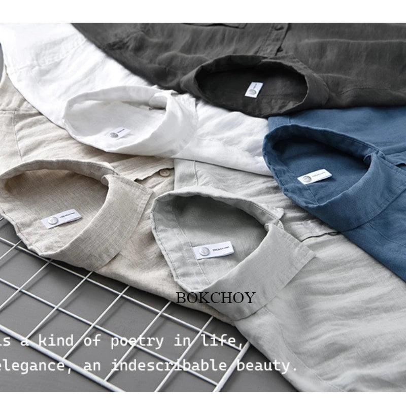 2025 Summer New Breathable Thin 100% Linen Short Sleeve Shirt for Men Casual Turn-down Collar Classic Shirt DC927