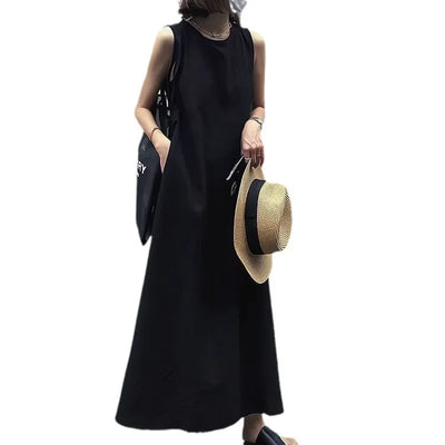 Hebe Style French Sleeveless Hollow out Vest Unique Elegant Black Summer Long Dress Women Backless Dress round Neck Ankle-length