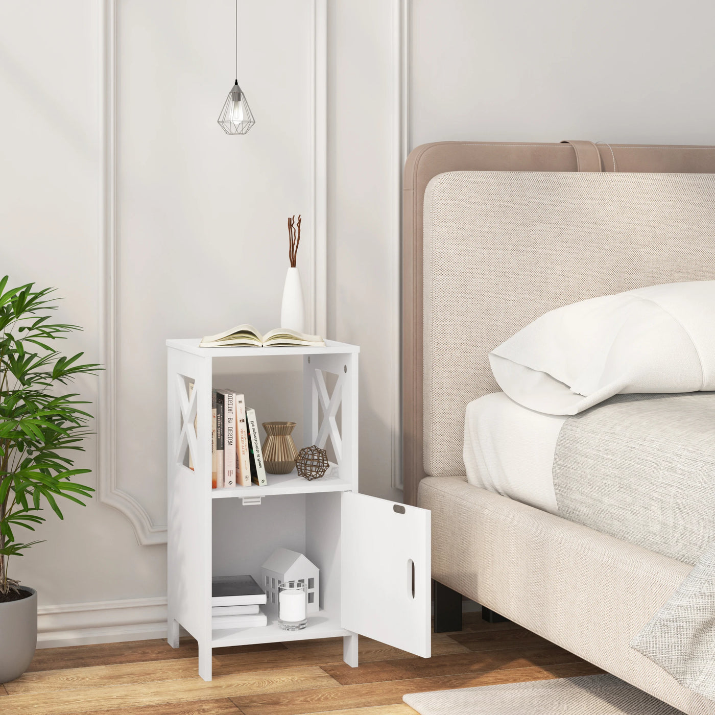2PCS/SET Modern Nightstand 30x60x30cm Narrow White Bedside Table with 1 Open Compartment Door Cabinet Storage for Bedroom