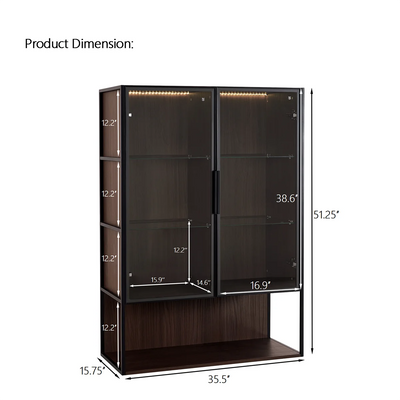 130cm Tall Lighted Display Cabinet, LED Curio Cabinet With Metal Frame And Tempered Glass Door For Living Room Home Office Study