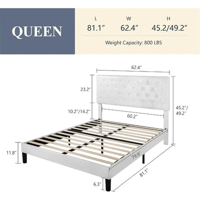 Allewie Queen Size Platform Bed Frame, Adjustable Faux Leather Headboard with Diamond Stitch and Button Tufted, Sturdy Wood Slat