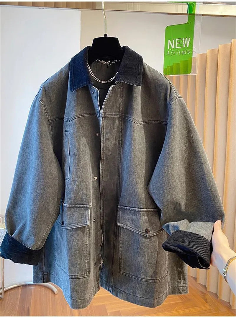 Contrasting Corduroy Spliced Denim Jacket for Women Mid Length Loose Coat Autumn Winter Pocket Outwear Versatile