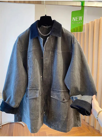 Contrasting Corduroy Spliced Denim Jacket for Women Mid Length Loose Coat Autumn Winter Pocket Outwear Versatile