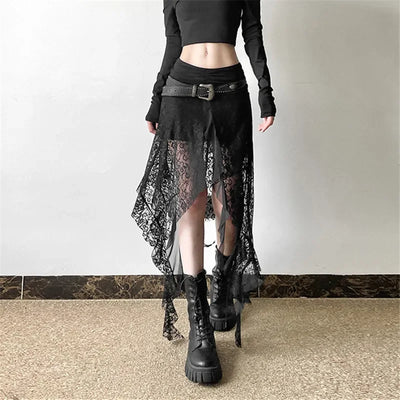 Y2K Goth Dark Irregular Hem Lace Patchwork Mid Skirts Women Streetwear Fairy Slim Pleat A-line Skirt Mall Goth Fashion Bottoms