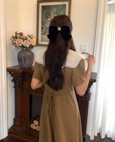 Women Summer Vintage Long Wrapped Dress 2024 New Female Double Layer Ruffled Collar Lacing Up Slim Waist Sundress