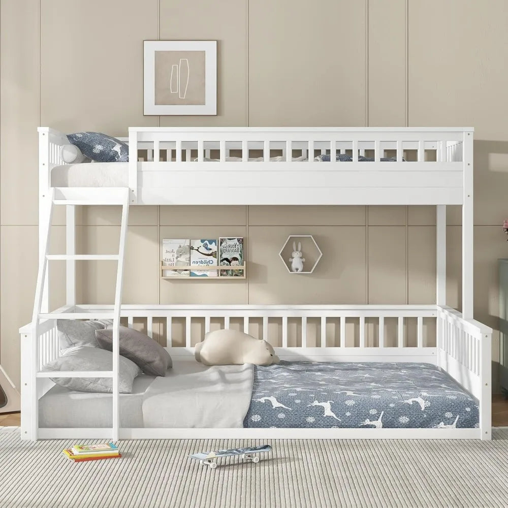 Low Bunk Beds Twin XL Over Queen Floor Bunk Bed with Ladder and Guardrail Wood Detachable Bunk Bed Frame for Boys, Girls, No Spr
